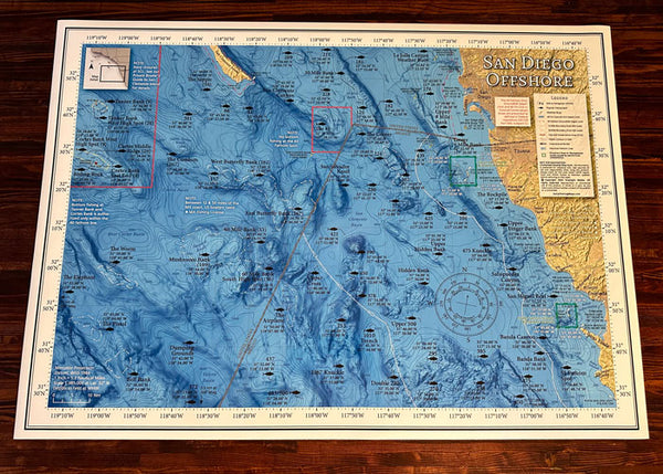 Poster-size version of our San Diego Offshore fishing map, featuring Southern California and northern Baja's popular offshore fishing spots, banks and seamounts in 1-day range of San Diego Bay and Mission Bay