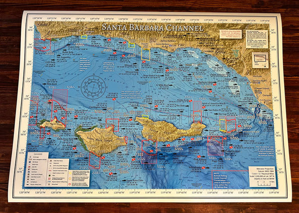 Poster version of our fishing map of the Santa Barbara Channel, including the northern Channel Islands of Anacapa, Santa Cruz, Santa Rosa and San Miguel
