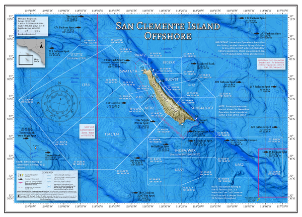 Map showing popular offshore fishing spots, offshore banks and canyons in the vicinity of San Clemente Island and the Navy closures impacting them; includes Hazardous Operations Area regulations and GPS boundaries