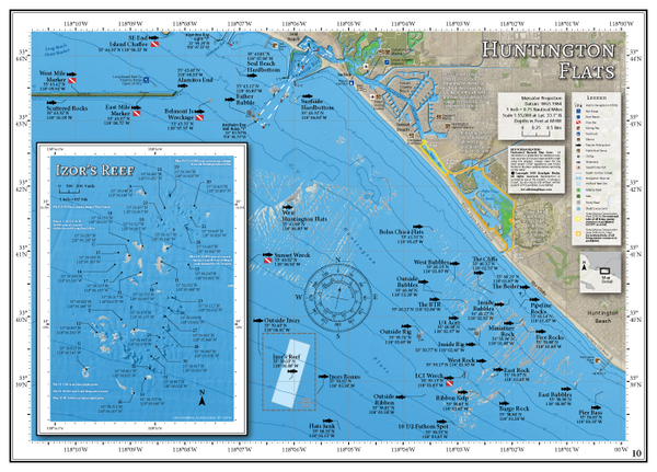 Our Huntington Flats fishing map covers inshore waters south of Huntington Harbour from the Long Beach Wall to Huntington Pier, including a large-scale inset map of Izor's Reef with shaded relief