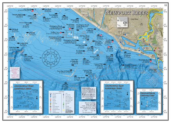 Our Newport Reefs fishing map covers inshore waters north of Newport Harbor from the Huntington Pier to the Newport Harbor entrance, including large-scale inset maps of Huntington and Newport Artificial Reefs