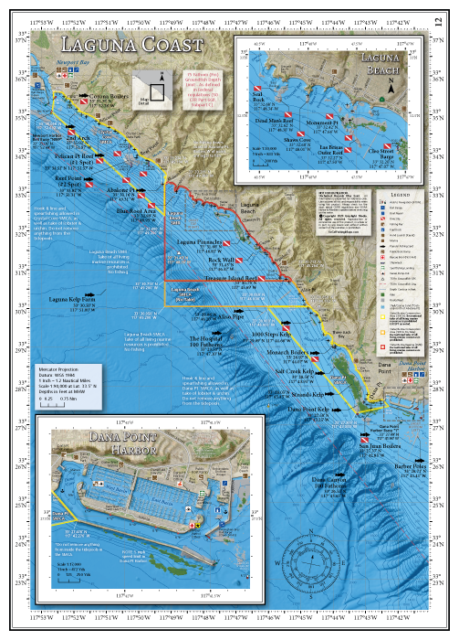 Our Laguna Coast fishing map details the fishing and diving spots along Orange County's inshore waters between Newport Harbor and Dana Point, including large-scale inset maps of Laguna Beach dive areas and Dana Pt Harbor