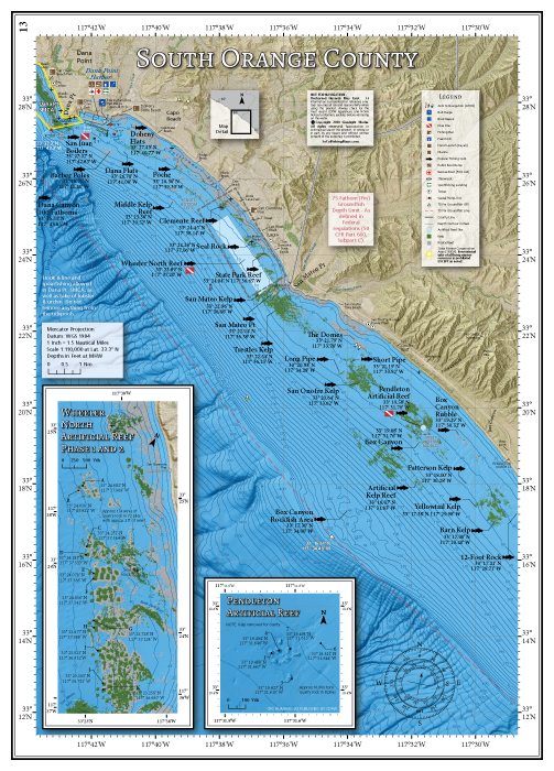 Our South Orange County fishing map covers inshore waters south of Dana Point Harbor, down to the Barn Kelp and Box Canyon rockfish area off San Onofre