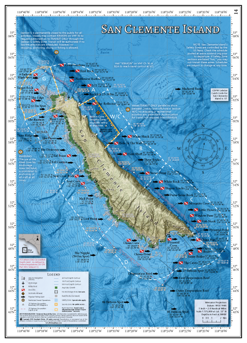 Our overview map of San Clemente Island details the popular fishing and diving areas at SCI, showing the GPS location of popular fishing and diving spots, Navy closure zones, rules and GPS boundaries, local landmarks, shipwrecks, reefs, kelp beds and more