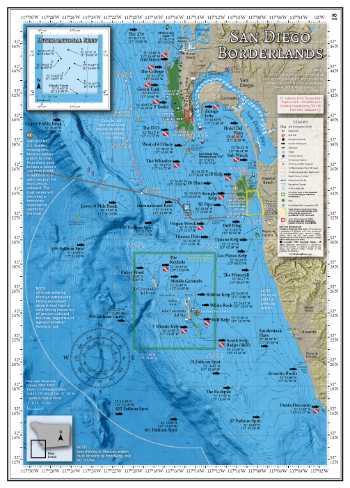 Our San Diego Borderlands map covers the San Diego coastline near the Mexican border, from Mission Bay south to Popotla in northern Baja, including the Coronado Islands and The Rockpile