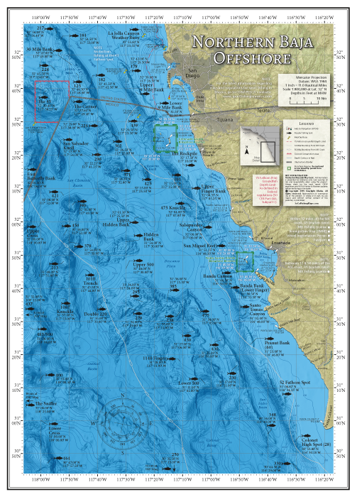 Covers San Diego's offshore fishing areas, outer banks, canyons and seamounts to the south, from the 181 and The Ridge to Punta Colonet off northern Baja