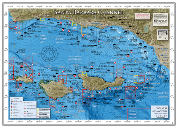 Our fishing map of the Santa Barbara Channel from Point Conception to Port Hueneme, including the northern Channel Islands of Anacapa, Santa Cruz, Santa Rosa and San Miguel