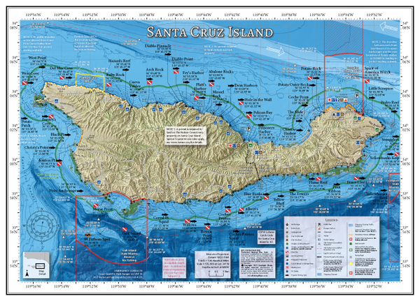 Our Santa Cruz Island fishing and diving map includes GPS locations of popular fishing and dive spots, marine reserve boundaries and rules, popular anchorages and dinghy landing spots, and seasonal shoreline closures