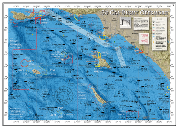 Our SoCal Bight Offshore map covers the offshore fishing areas of the Southern California Bight to the west of Los Angeles and Orange County, from Footprint Reef and Anacapa Island to the north, to Tanner Banks and the Upper 9 Mile Bank to the south