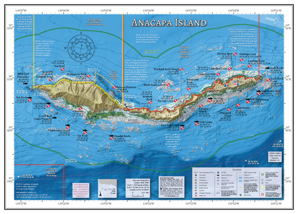 Our Anacapa Island fishing and diving map includes GPS locations of popular fish and dive spots, marine reserve boundaries and rules, the 20-foot depth net restriction boundary, popular anchorages, private vessel landing information, seasonal closures, as well as shoreside public National Park facilities, trails and more