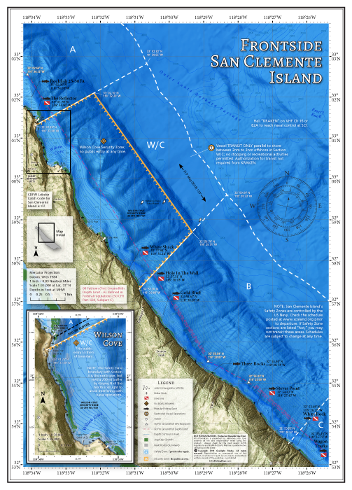 Fishing and diving map detailing the Frontside of San Clemente Island, from the north end of the Wilson Cove closure to Wagon Tracks