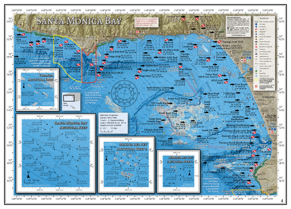 Our Santa Monica Bay fishing and diving map covers the Los Angeles County coastline from the Ventura County Line to Point Vicente, including the Short Banks area of Santa Monica Bay