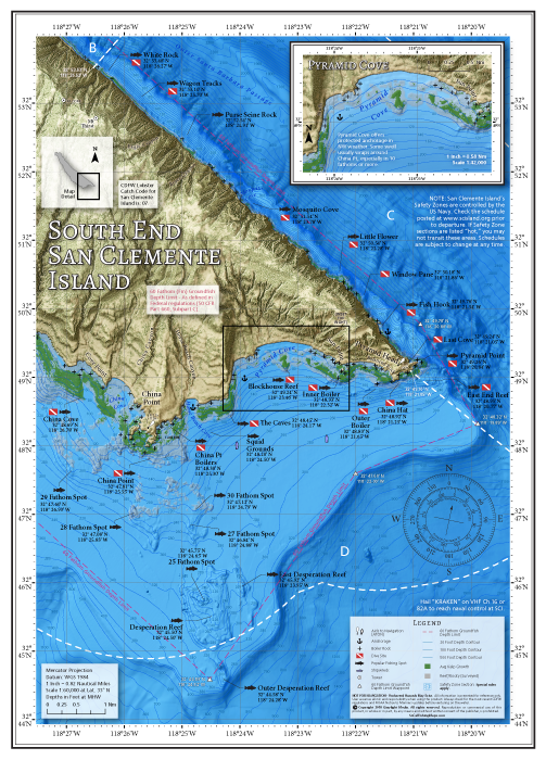 Fishing and diving map detailing the south end of San Clemente Island, from White Rock on the Frontside of the island, to China Cove on the Backside