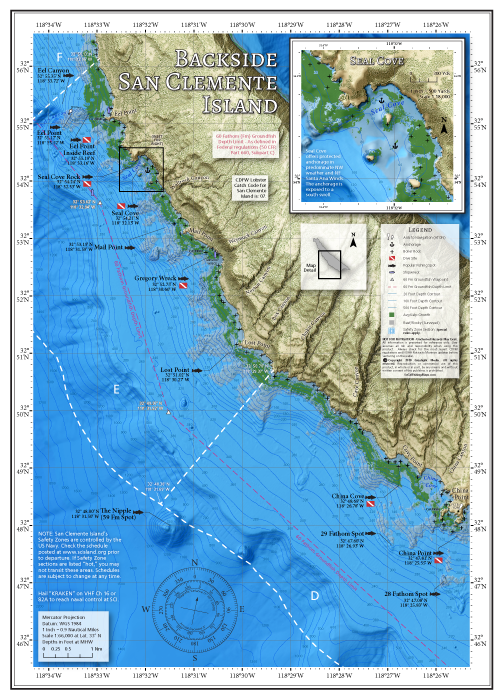 Fishing and diving map detailing the backside of San Clemente Island, from Eel Canyon to China Point
