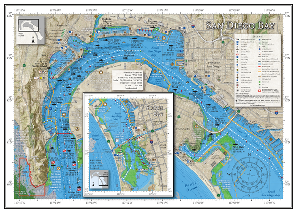 San Diego Bay boating, fishing and diving map shows the GPS location of popular fishing and diving spots, the "no diving" boundary and the location of small harbor facilities like marinas, boat ramps, public-access docks, dinghy docks, mooring areas, transient anchorage areas, dock n' dine restaurants, the Port of San Diego's guest dock and more