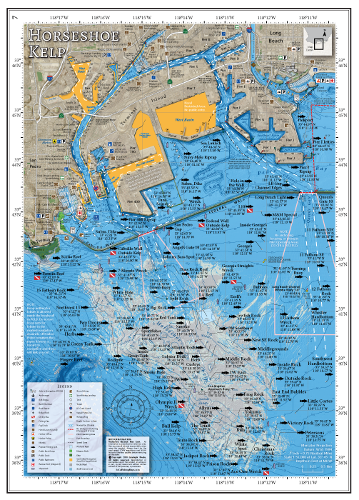 Our Horseshoe Kelp map covers the popular fishing and diving spots in the Horseshoe Kelp area from Point Fermin to Queen’s Gate, just minutes from Los Angeles Harbor and Long Beach Harbor