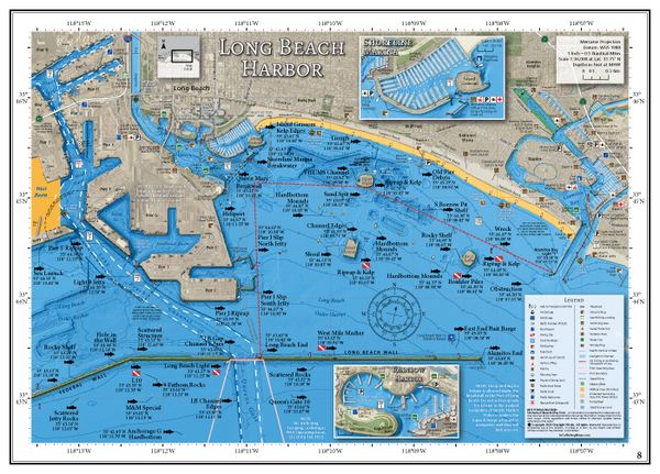 Our Long Beach Harbor map covers the popular fishing and diving spots from outside the Wall to the Inner Harbor, includes POLB boundaries, closed areas, hoop netting limits and dive boundaries