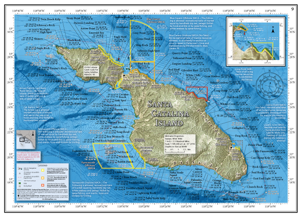 Our overview map of Catalina Island shows popular fishing and diving spots around the entire island, including detailed 3D relief of the ocean floor, rocky reef and kelp areas, as well as simplified marine reserve regulation summaries