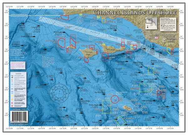 Map of the offshore fishing areas, outer banks, seamounts and submarine canyons in the Channel Islands region