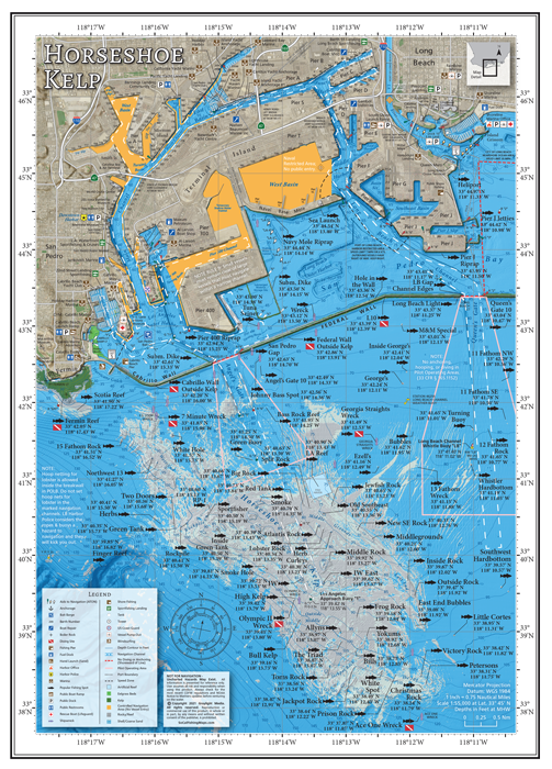 Our Horseshoe Kelp map covers the fishing and diving spots from Point Fermin to Queen’s Gate, just minutes from Los Angeles Harbor and Long Beach Harbor