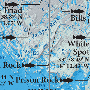 Close-up of the Jackpot Rock area from our Horseshoe Kelp fishing and diving map