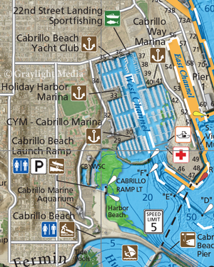 Close-up of small craft harbor facilities in Los Angeles Harbor from our San Pedro Bay fishing map