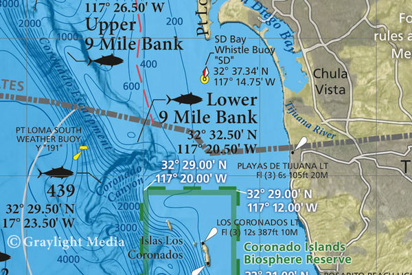 Close-up of our San Diego Offshore fishing map and the Coronado Islands Biosphere Reserve