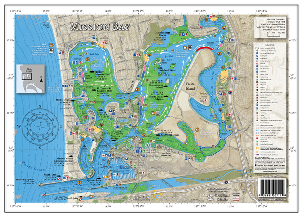 Comprehensive fishing and boating map of Mission Bay, featuring small craft harbor facilities, water ski areas, 5 mph zones, waterski take-off and landing zones, swimming areas, lifeguard towers, public bathrooms, public access docks, PWC areas and more