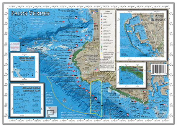 Our Palos Verdes map covers the fishing and diving spots along the Palos Verdes coastline from King Harbor to Los Angeles Harbor, including Rocky Point, Point Vicente, Point Fermin and all areas in between