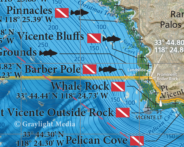 Close-up of popular fishing and diving spots at Pt Vicente from our Palos Verdes fishing and diving map