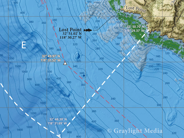 Close-up of Backside San Clemente Island fishing and diving map showing kelp, rocky bottom and Navy closure zones around Lost Point