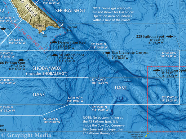 Close-up of Hazardous Safety Areas around San Clemente Island, from our map showing offshore areas around SCI subject to closure for kite fishing for bluefin tuna