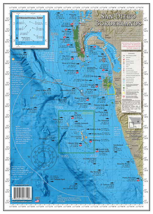 Our San Diego Borderlands fishing map covers the San Diego coast near the Mexican border, from Mission Bay south to Popotla in northern Baja, including the Coronado Islands and The Rockpile