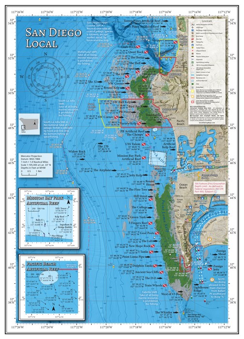 Our San Diego Local map covers the coast from Torrey Pines to San Diego Bay's Whistler Buoy and shows the GPS locations of popular fishing and diving spots at the La Jolla Kelp and Point Loma Kelp areas