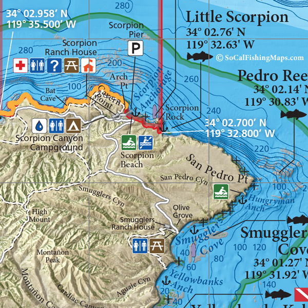Close-up of Santa Cruz Island fishing and diving map, showing shoreside public National Park facilities accessible by boat in the Scorpion Ranch Area