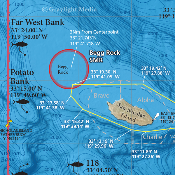 Close-up of our SoCal Bight Offshore Poster, showing the offshore fishing spots and fishing regulation boundaries around San Nicolas Island in Southern California