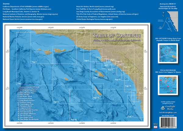 The back cover shows the outline and title of all 18 fishing maps included in the Private Boater's Guide to Sportfishing & Diving in Southern California