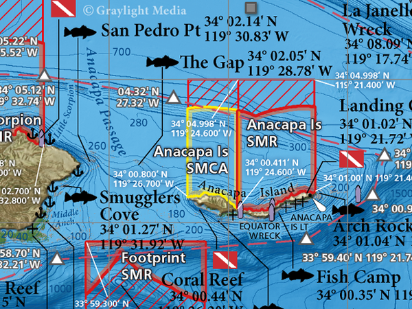 Santa Barbara Channel map close-up showing popular fishing and diving spots, marine reserves and groundfish restrictions in the vicinity of Anacapa Island