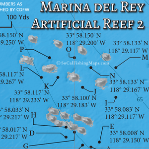 A large-scale inset map of the Marina Del Rey Artificial Reef 2, showing shaded relief and hard bottom areas at the reef site