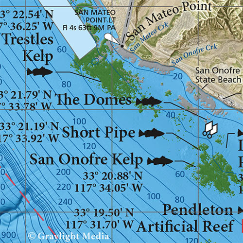 Close-up of the fishing areas at San Onofre and The Domes from our North County map, a page in our San Diego Boaters Guide