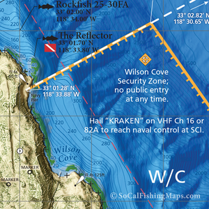 Close-up of boating restrictions and popular fishing spots in the Wilson Cove area on the frontside of San Clemente Island