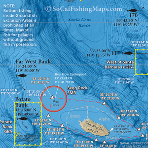 Map showing shaded relief, fishing regulation boundaries and military restrictions in the vicinity of San Nicolas Island