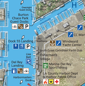 Map showing the small craft boating facilities available in Marina Del Rey, including the Harbormasters dock, bait barge, marinas, fuel dock, marine repair, boat ramps and more