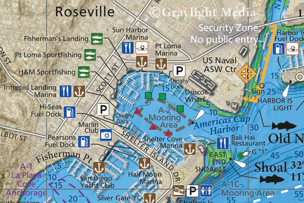 Close-up of small craft facilities on Shelter Island from our San Diego Bay map